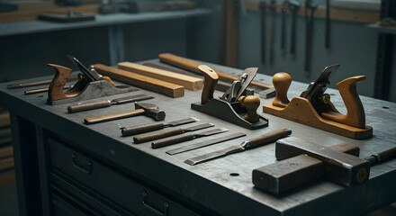 Fototapeta premium Traditional woodworking tools on a workbench in a carpentry workshop crafting handmade furniture and DIY projects