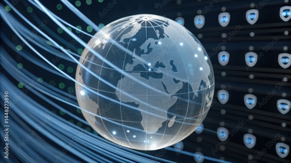 Poster digital globe with network connections and data streams representing worldwide technology, global in