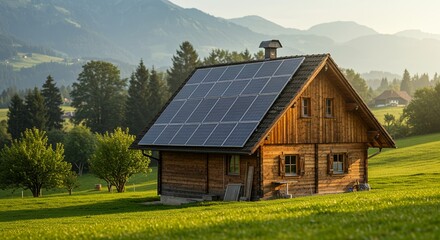 Obraz premium A charming wooden cabin with solar panels on its roof, nestled in a picturesque green meadow with mountains in the background, promoting sustainable energy and eco-friendly living.