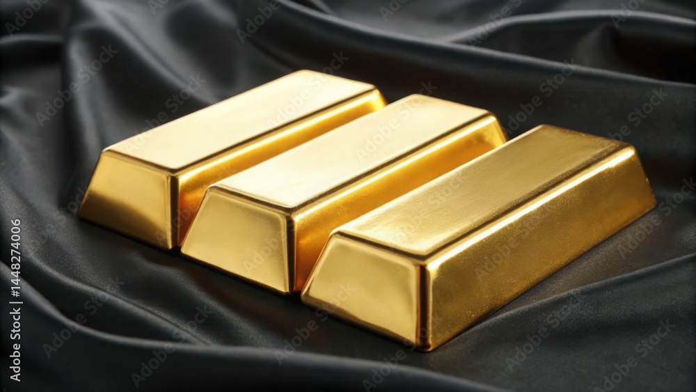 Poster three shiny gold bars stacked on black satin fabric with soft folds and reflections creating a luxur