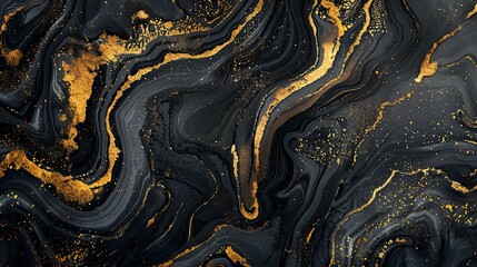 Abstract black and gold marbled texture with fluid patterns and shimmering details.