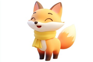 Fototapeta premium 3D cartoon fox with scarf icon in terracotta orange and cream beige, ultra-high-definition details and 16K resolution, white background.