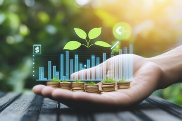 Hand holding coins with growth chart and plants, symbolizing financial growth and sustainability