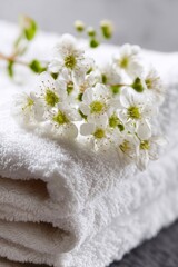 Beautiful white flowers and soft white towels create a calming and serene spa-like scene.