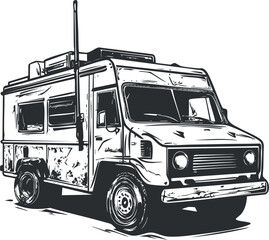 Black and white illustration of a camper van motorhome vehicle for travel and outdoor adventure
