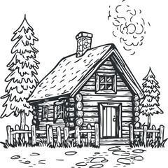 Black and white sketch of a rustic log cabin surrounded by pine trees and a wooden fence