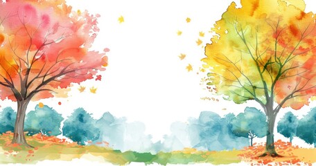 A colorful watercolor illustration of autumn trees and falling leaves, creating a serene landscape.