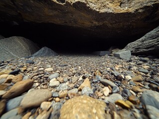 Rocky riverbed in underground cave. Geological formations, erosion patterns, and mineral deposits.
