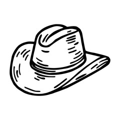 A hand-drawn vector illustration of a cowboy hat, featuring a wide brim and a high crown, with textured lines to indicate shading and depth.