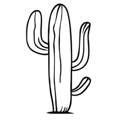 A vector simple line drawing of a cactus with multiple arms, showcasing a minimalist design. The cactus is depicted in a vertical orientation, emphasizing its tall and slender shape.