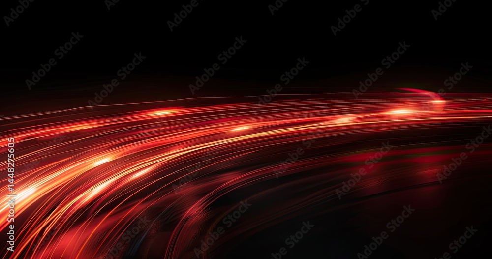 Poster abstract image featuring flowing red light trails against a dark background.