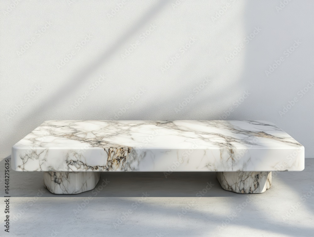 Poster marble table against white wall with sunlight shadow for product presentation or display mockup