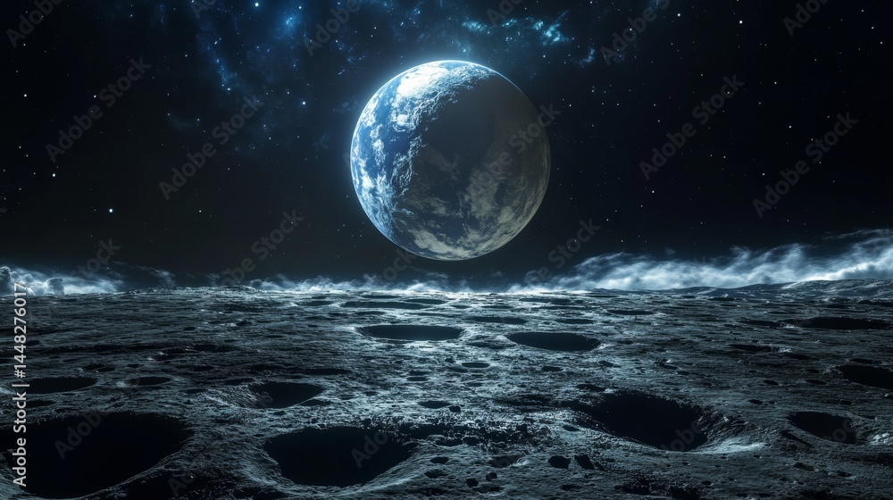 Poster a planet with a blue surface and a large moon in the sky. the moon is in the middle of the planet an