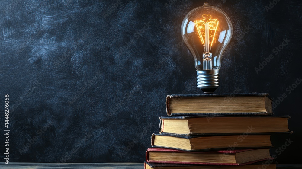 Poster glowing lightbulb on vintage books against dark backdrop symbolizing knowledge and inspiration