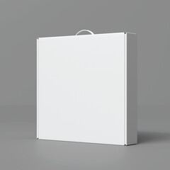 Minimal white square box with handle on top, displayed against grey background for mockup or packaging design presentation. 3D Render