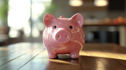 Pink Piggy Bank on Wooden Table, Close Up, Savings Concept