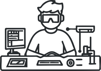 Illustration of a scientist working in a laboratory with computer and scientific equipment testing and analyzing data