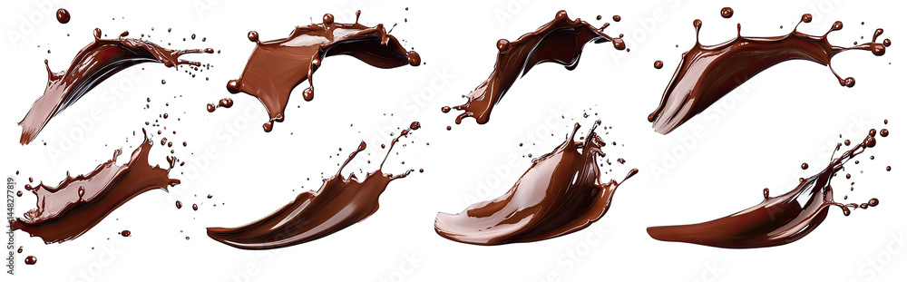 Poster a dynamic display of rich. flowing chocolate splashes captured mid-motion. ideal for culinary themes