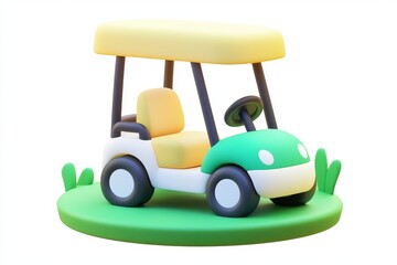 Fototapeta premium 3D cartoon golf cart icon in forest green and cream, ultra-high-definition details and 16K resolution, with a white background.