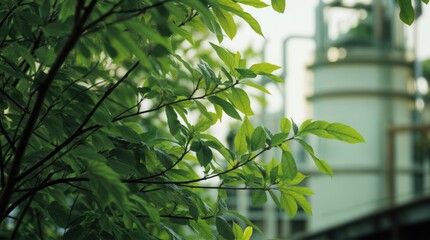 Obraz premium Green Leaves in Urban Environment with Industrial Background