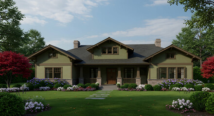 Charming Green House Surrounded by Vibrant Flower Garden Landscape