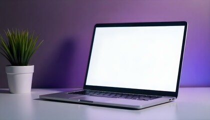 Fototapeta premium laptop with blank screen on purple and grey