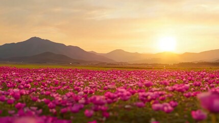 Fototapeta premium Vibrant flower field at sunset, vast pink blossoms under warm golden light, serene landscape inviting peaceful reflection.