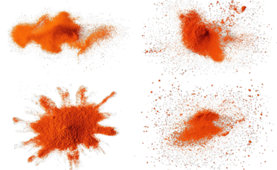 Vibrant orange powder explosions captured against a dark background. showcasing dynamic splashes and clouds. ideal for creative projects or culinary presentations