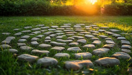 Spiral Stone Pathway In Grassy Garden At Sunset