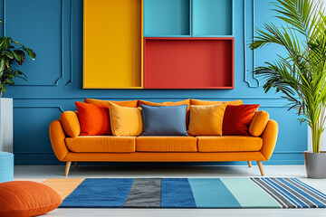Artificial intelligence technology enhances modern living room interior design with creative backdrop ideas, generating beautiful full wall backgrounds featuring decorative photo paint frames and elev