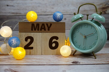 Wooden Calendar Showing the Date of May 26th. Day 26 of May month