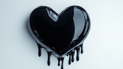 a black heart with a silky, elegant texture, softly glistening, dripping black liquid, clean white background, minimalistic design