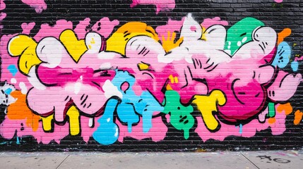 Vibrant street art mural, colorful abstract shapes blending pinks, blues, and greens, urban setting with creative energy.