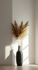 Minimalist Home Decor Dried Pampas Grass in Black Vase Sunlight Shadow Interior Design Neutral Colors Modern Apartment