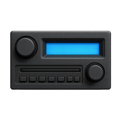 Fototapeta premium Front view render of a classic black electronic stereo tuner with bright blue digital readout and control inputs.