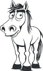 Black and white cartoon illustration of a funny horse with big eyes and a playful expression