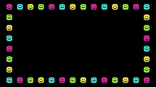 Happy face pixel art border motion graphic on transparent background. Colorful smile face emoticon frame animated with alpha channel. Cheerful, joyful, pink, blue, green, yellow, loop, seamless.