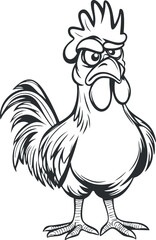 Black and white illustration of an angry rooster standing with detailed feathers and comb