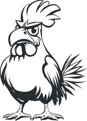Black and white line art illustration of an angry rooster standing with detailed feathers and comb