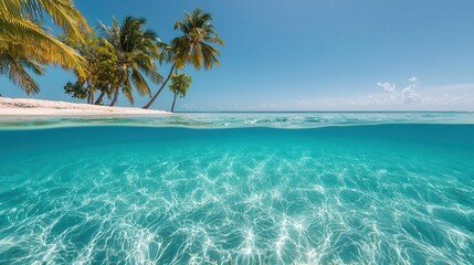 Naklejka premium Shallow tropical lagoon with colorful coral reef, lush palm trees swaying in the warm breeze