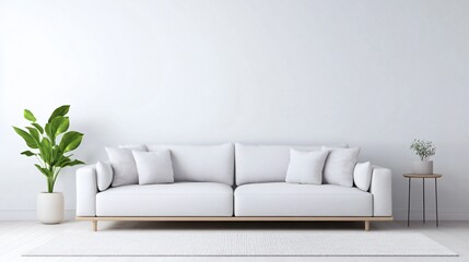 Modern living room with a plush white sofa, minimalistic decor, vibrant green plant, inviting atmosphere for relaxation.