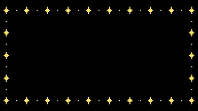 Sparkling star pixel art border motion graphic on transparent background. Yellow shinning star frame animated with alpha channel. Sparkle, blinking, loop, seamless.