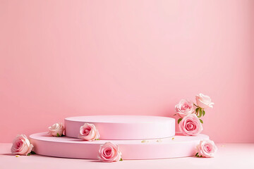 Blank podium with pink roses on pink background. Showcase for product, perfume, jewelry and cosmetic presentation
