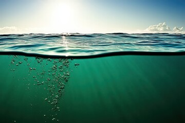 Ocean surface view, split between rippling turquoise water above and deep green depths below, with rising bubbles