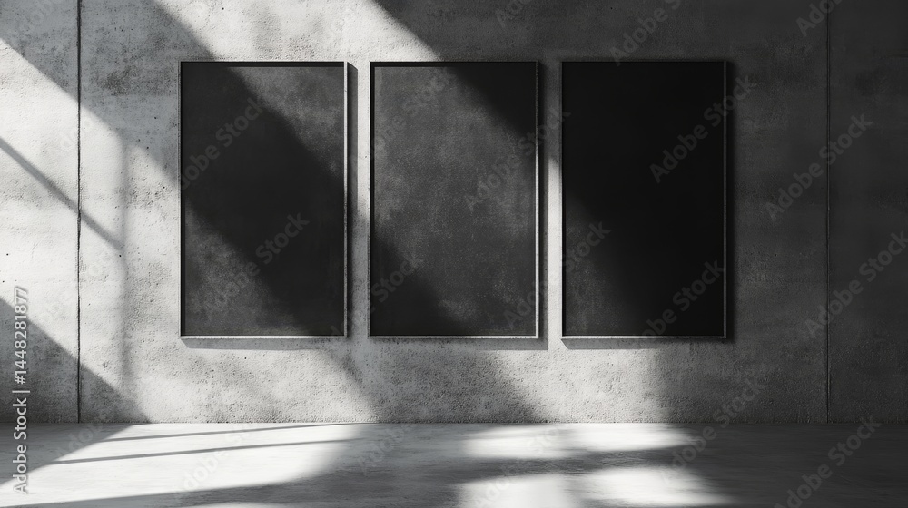Poster an artistic view of an empty room featuring modern minimalist art on a concrete wall, with the shado