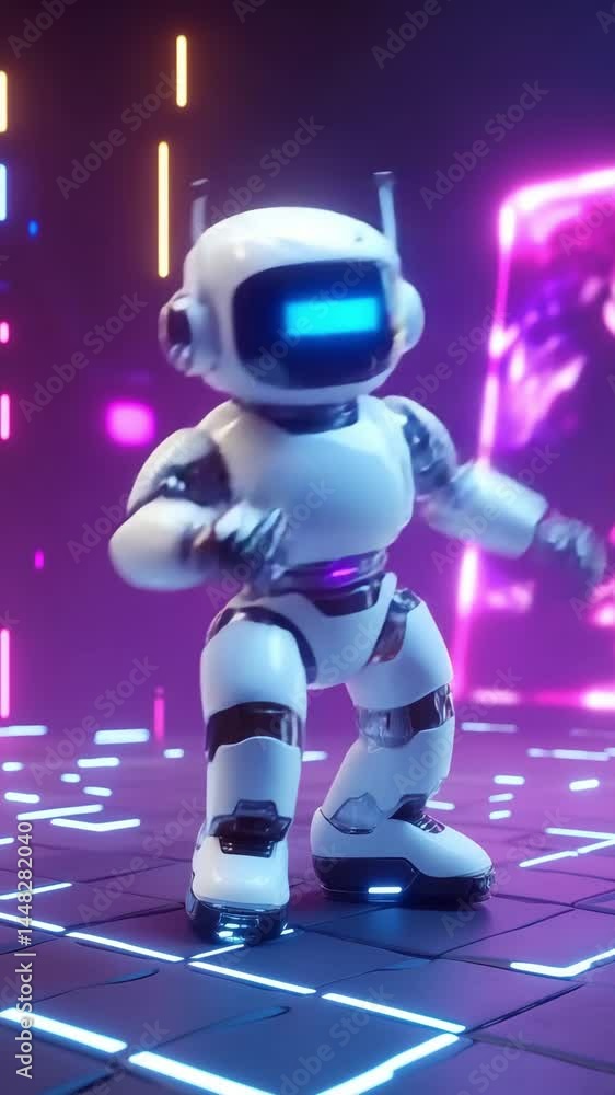 Poster a robot showcases impressive dance moves in a lively neon setting illuminated by colorful lights and