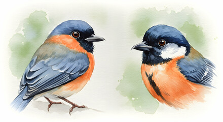 Fototapeta premium Beautiful Watercolor Illustration of Two Colorful Birds Facing Each Other