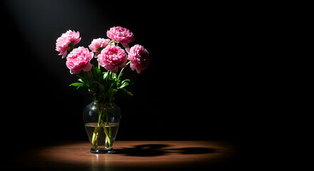 Pink Peonies in Vase with Water on Wooden Table in Dark Background