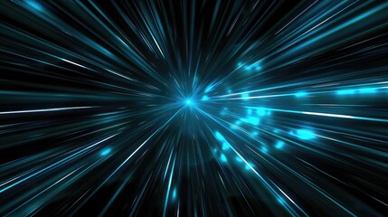 A dynamic burst of blue light beams radiating outward, creating a sense of speed and motion.