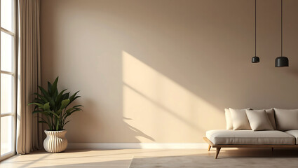 Modern Living Room Interior With Sofa Plants Coffee Table And Empty Wall